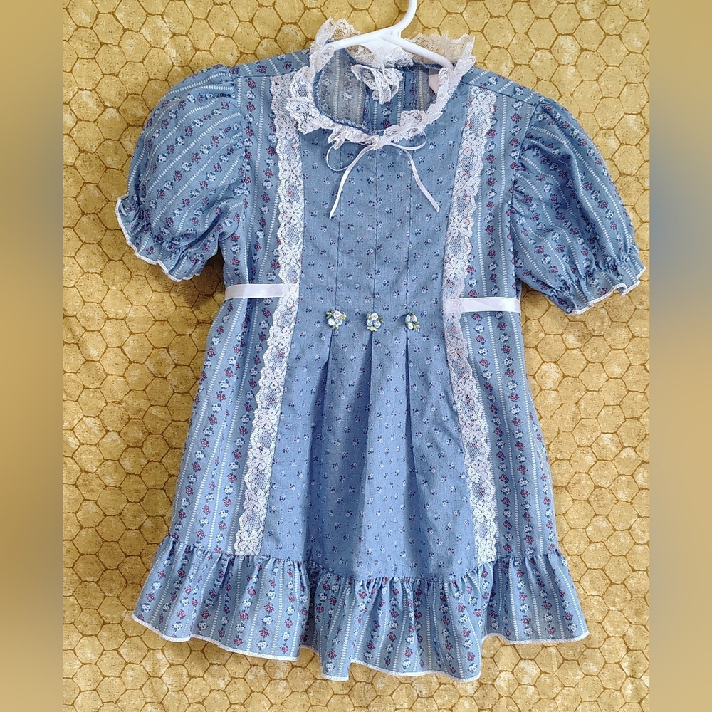 Vintage Evy Of California Dress Blue Lace Americana Floral Ribbon Size T3